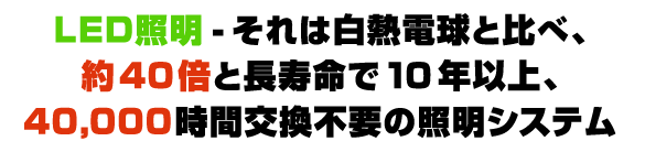 LED照明-それは白熱電球と比べ、約40倍と長寿命で10年以上、40,000時間交換不要の照明システム
